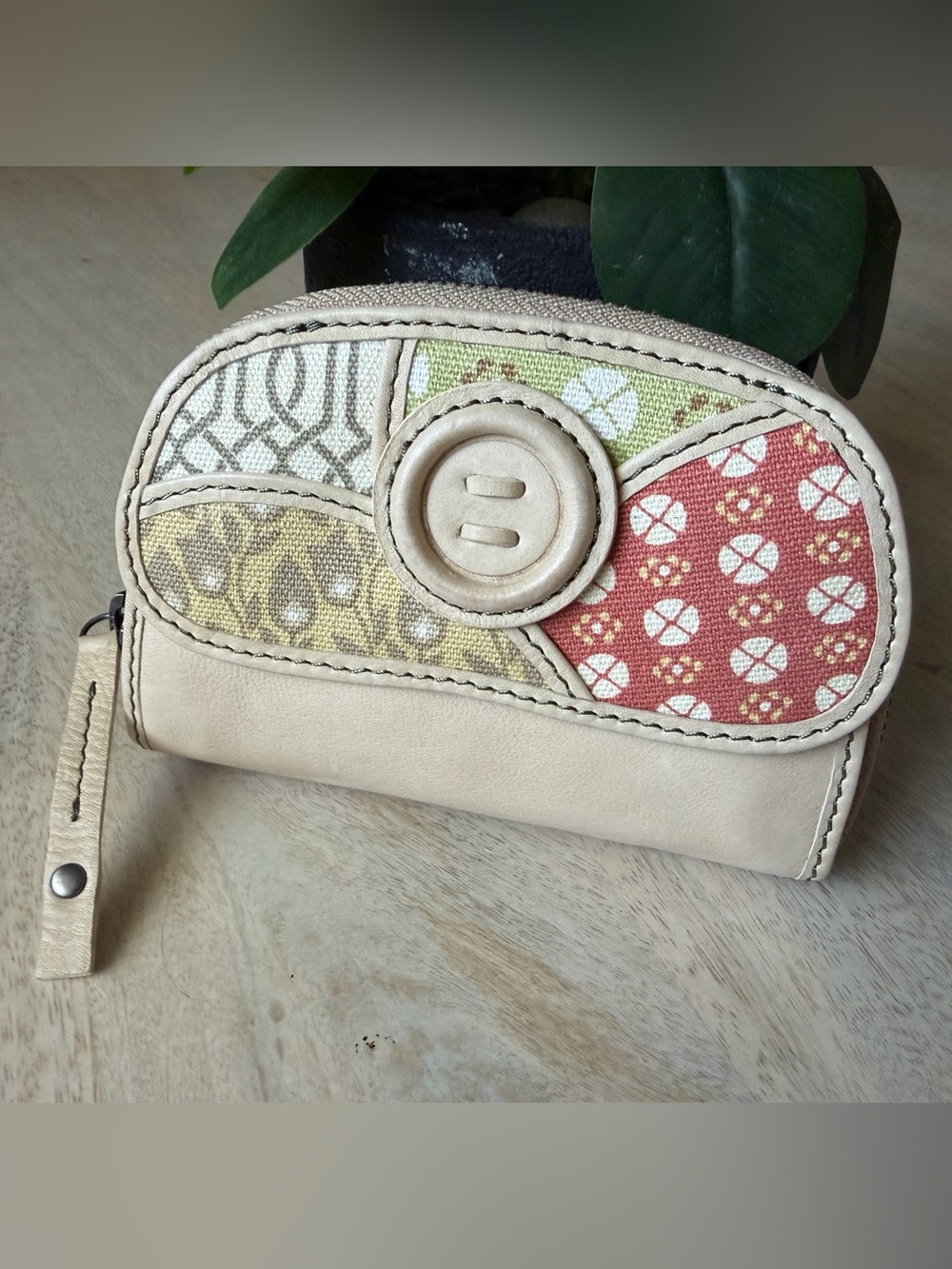 FOSSIL Leather Patchwork zip around Wallet with Button detail Never Used